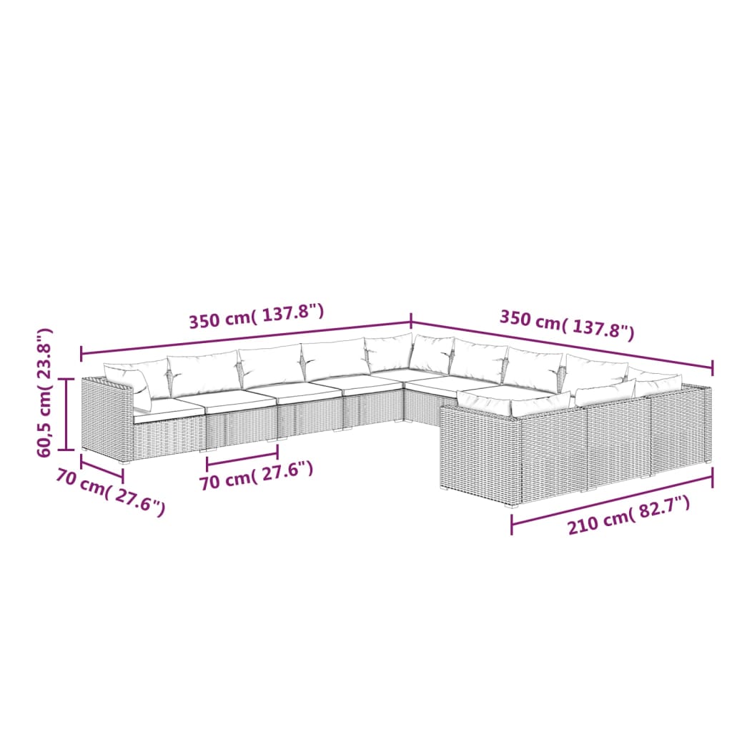 vidaXL Set de muebles de jardín 11 pzas cojines ratán sintético negro