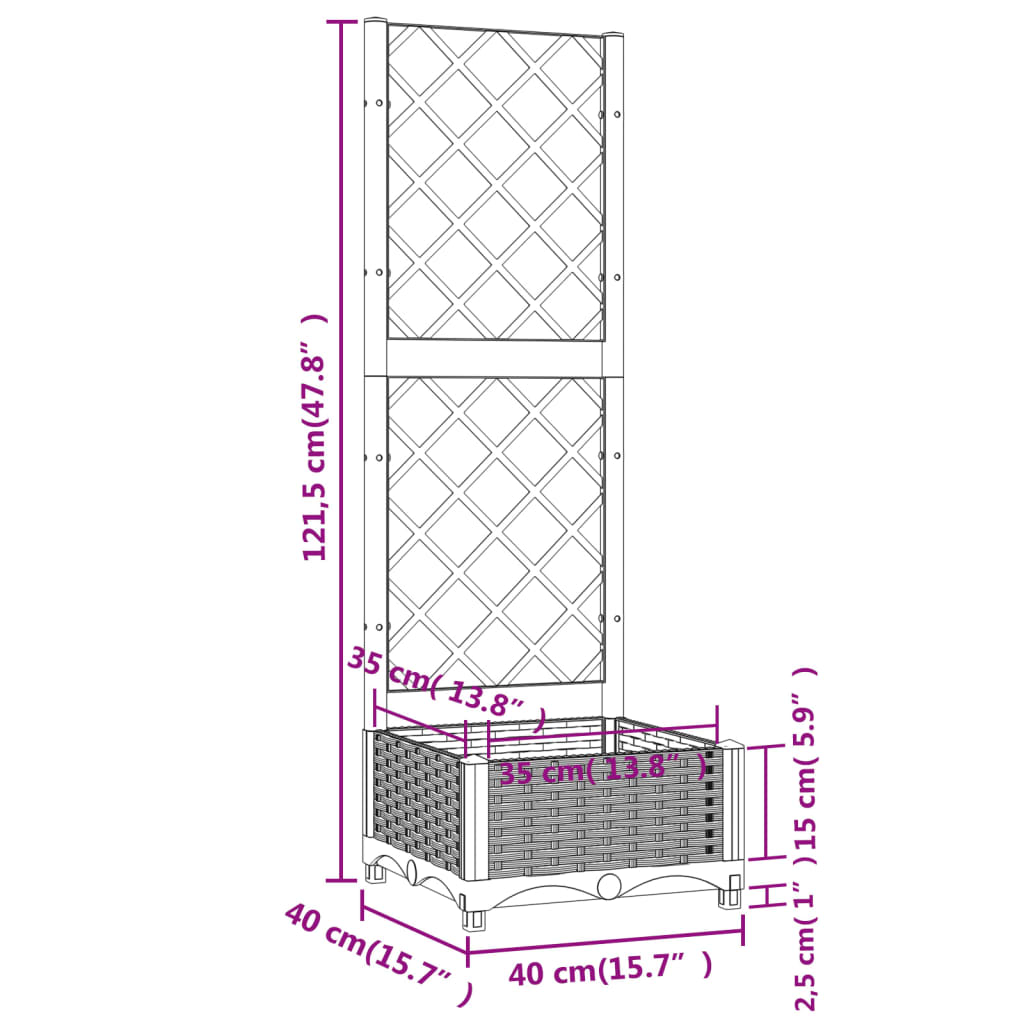 vidaXL Jardinera con enrejado PP gris claro 40x40x121,5 cm