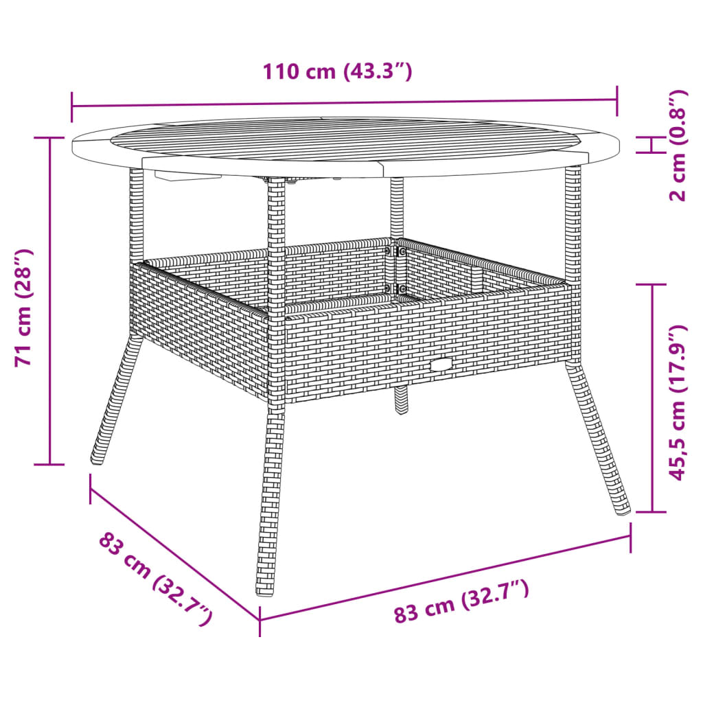 vidaXL Mesa de jardín superficie de madera ratán PE beige Ø110x71 cm