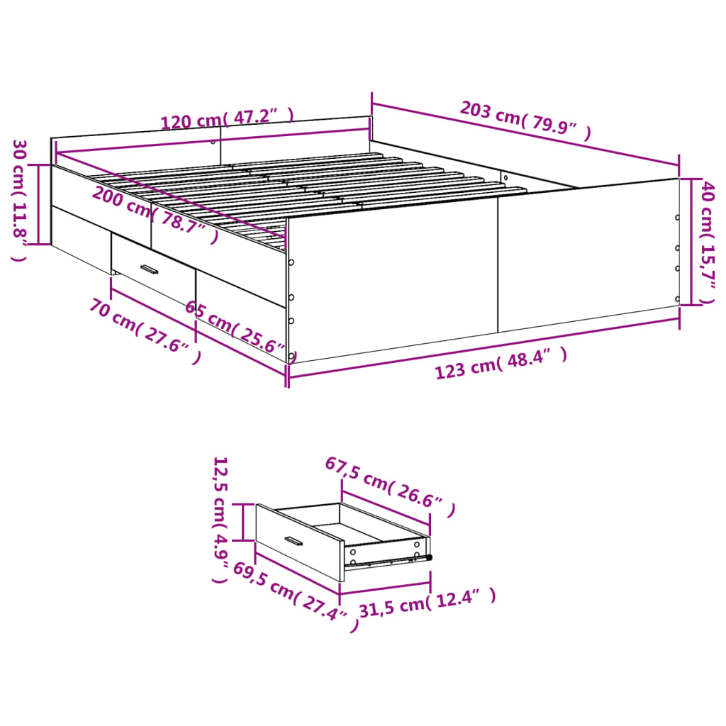 vidaXL Cama con cajones madera ingeniería roble Sonoma 120x200 cm