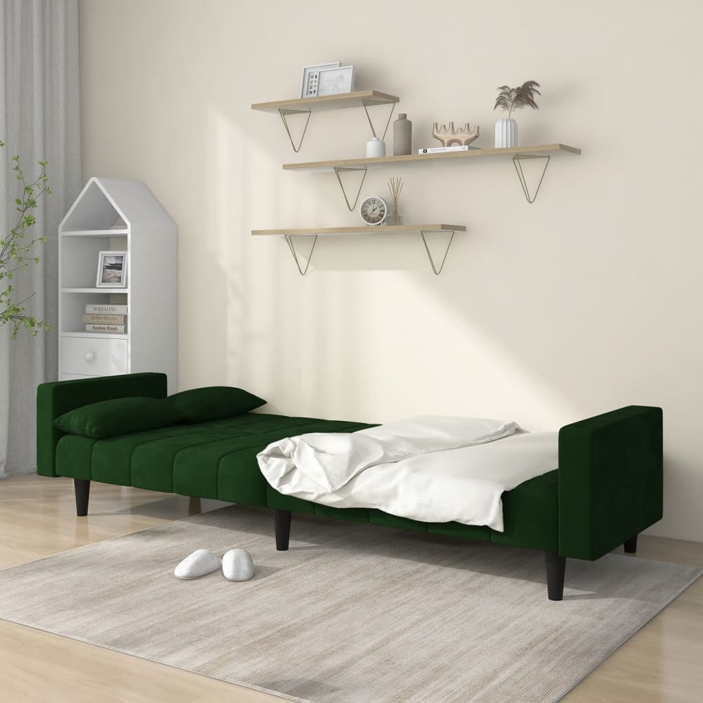 vidaXL Sofá cama de 2 plazas con dos almohadas terciopelo verde oscuro