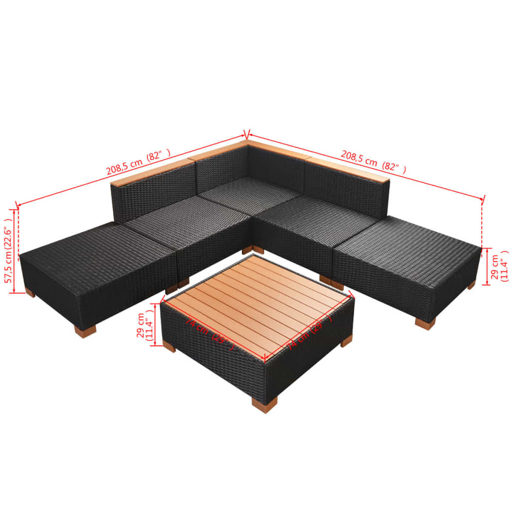 vidaXL Set muebles de jardín 6 piezas y cojines ratán sintético negro