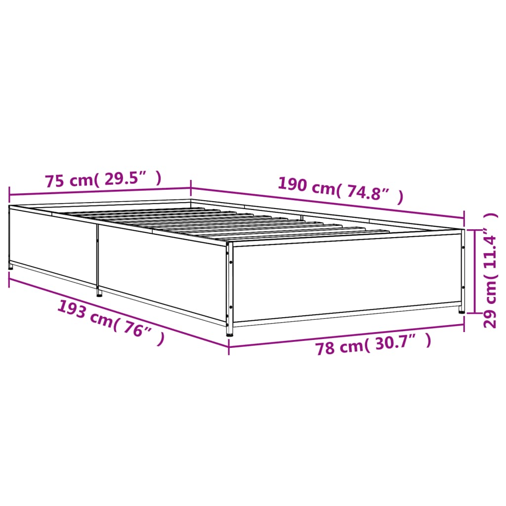 vidaXL Estructura cama madera ingeniería metal roble Sonoma 75x190 cm