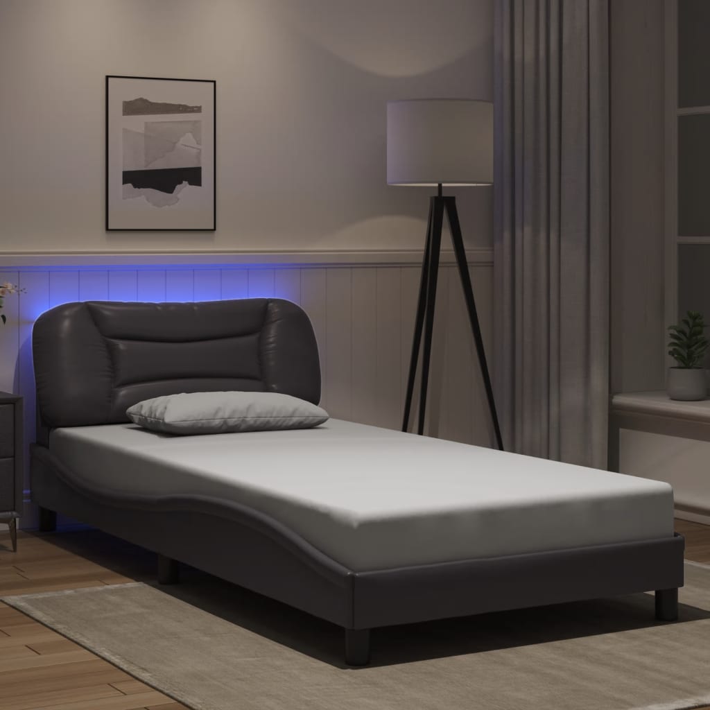 vidaXL Estructura cama con luces LED cuero sintético gris 100x200 cm