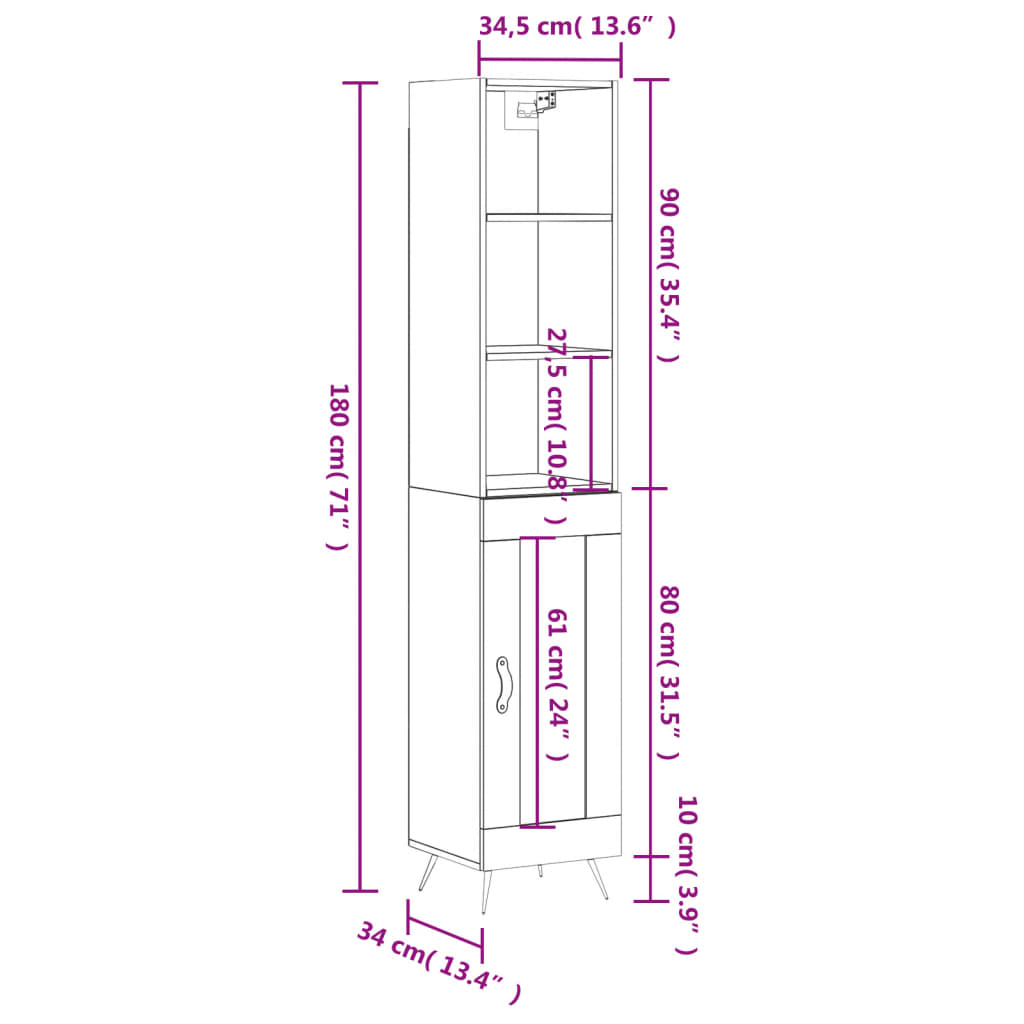 vidaXL Aparador de madera contrachapada negro 34,5x34x180 cm