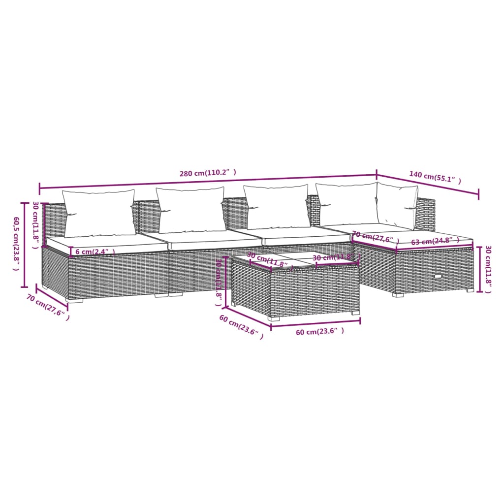 vidaXL Set de muebles de jardín 6 pzas y cojines ratán sintético negro