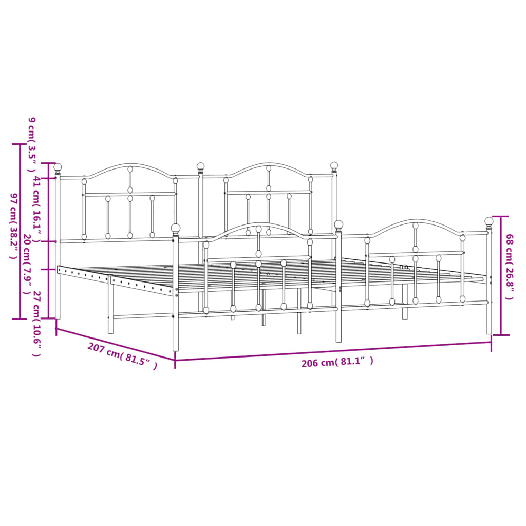 vidaXL Estructura de cama cabecero y estribo metal negro 200x200 cm