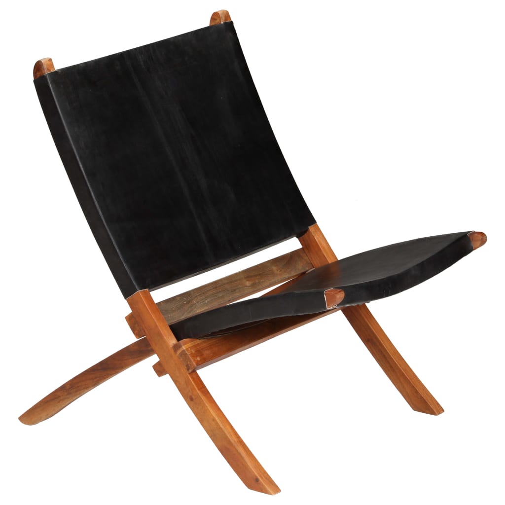 vidaXL Silla de relax plegable de cuero auténtico negro