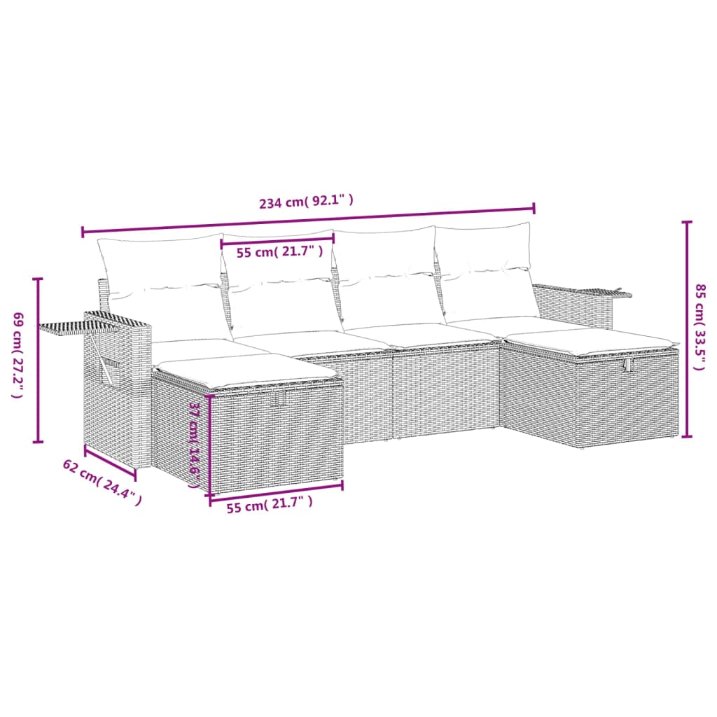 vidaXL Set de muebles de jardín 6 pzas y cojines ratán sintético gris