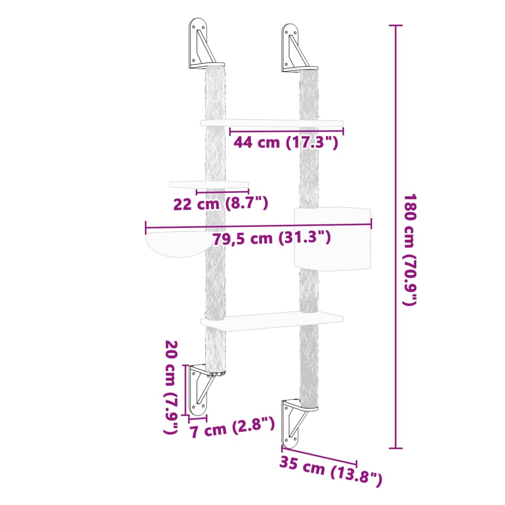 vidaXL Árbol rascador para gatos de pared crema 180 cm