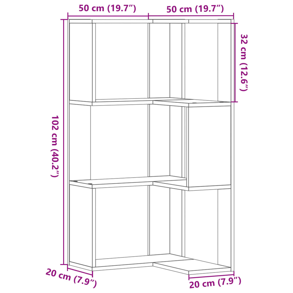 vidaXL Estantería de esquina 3 niveles madera gris Sonoma 50x50x102 cm