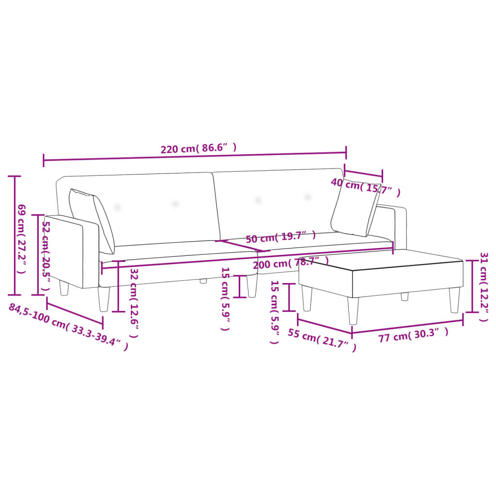 vidaXL Sofá cama de 2 plazas con taburete tela negro