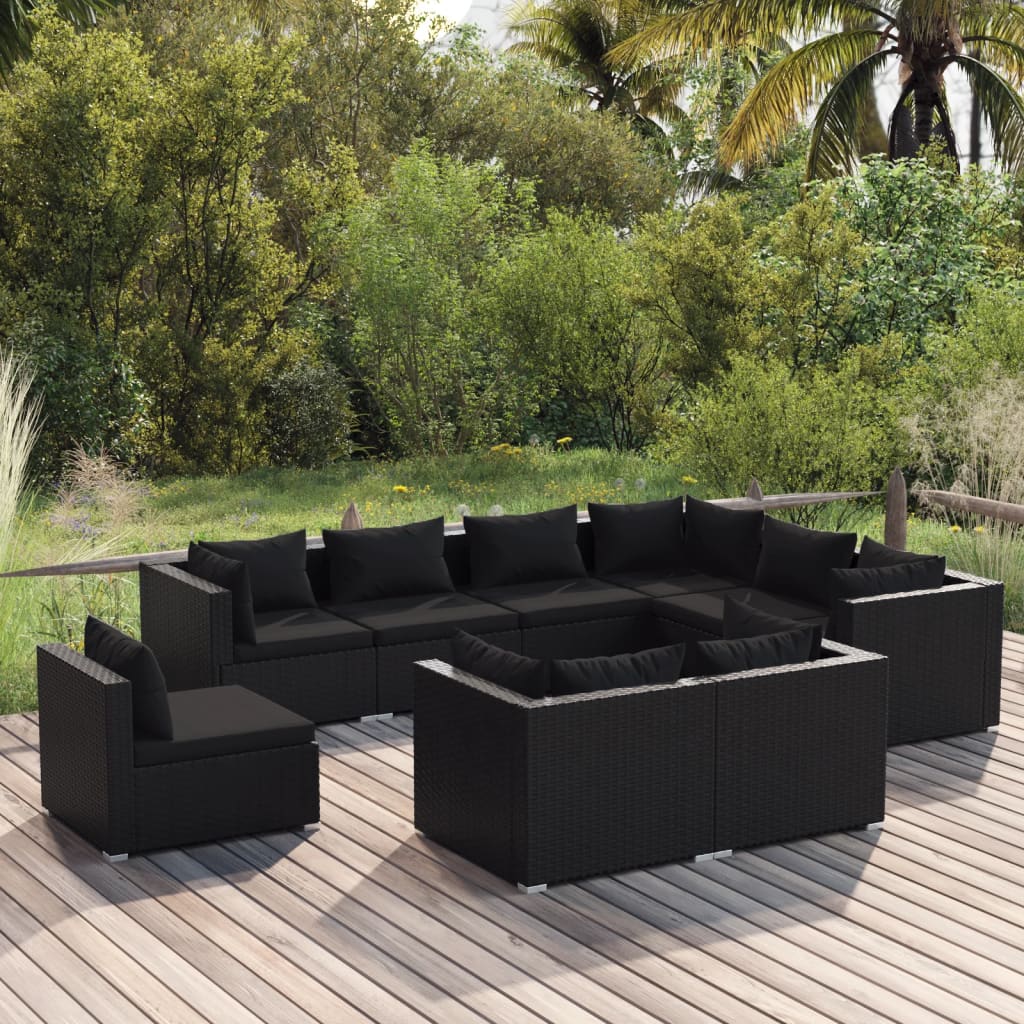 vidaXL Set de muebles de jardín 9 pzas y cojines ratán sintético negro