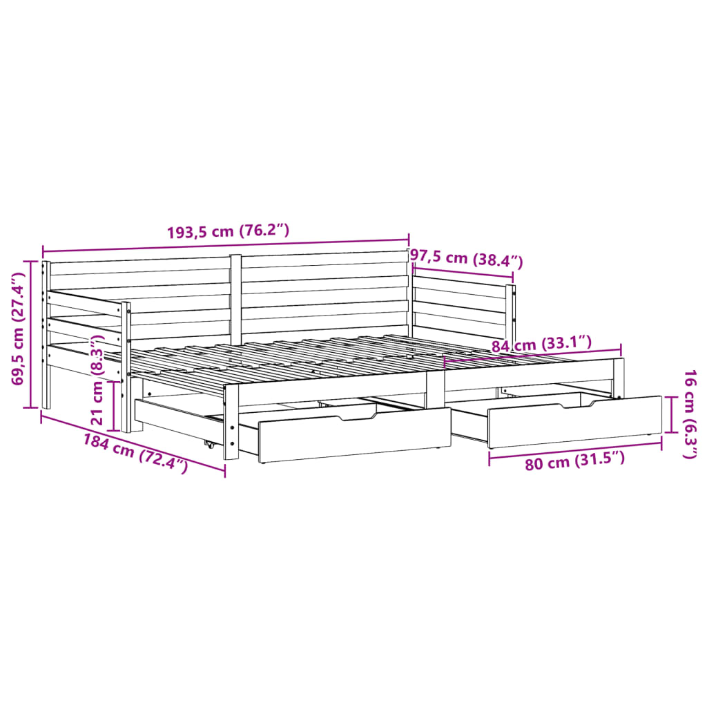 vidaXL Sofá cama nido con cajones madera maciza pino blanca 90x190 cm