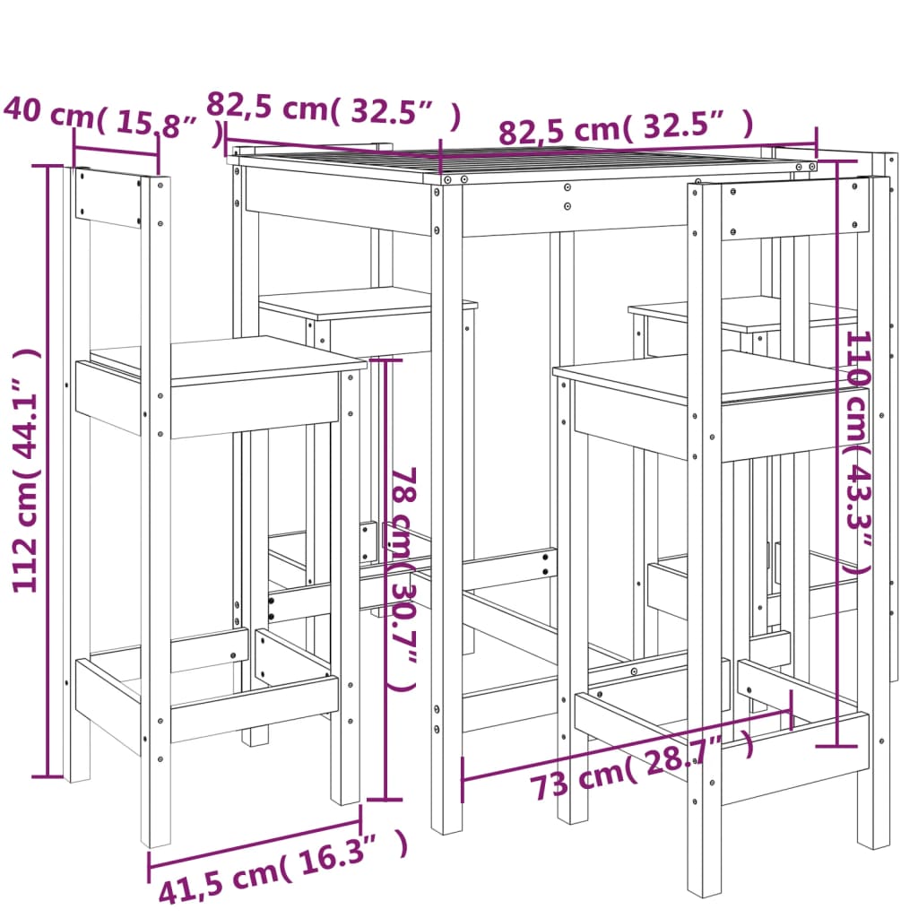 vidaXL Set de mesa y taburetes altos jardín 5 pzas madera pino blanco