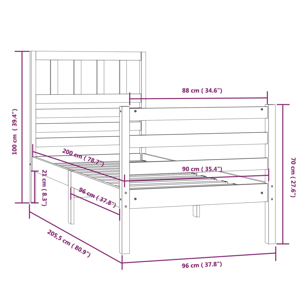 vidaXL Estructura de cama de madera maciza 90x200 cm