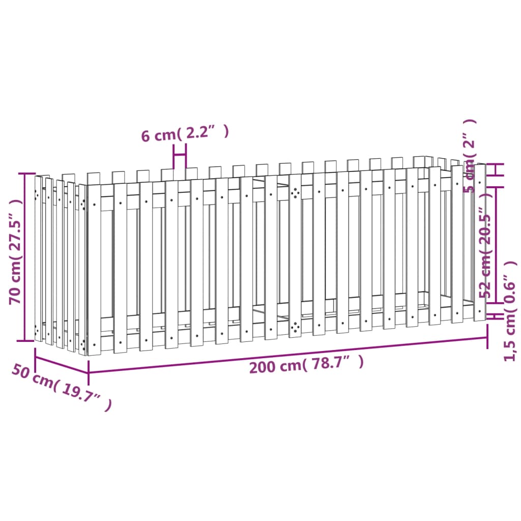 vidaXL Arriate elevado jardín con valla madera pino negro 200x50x70cm