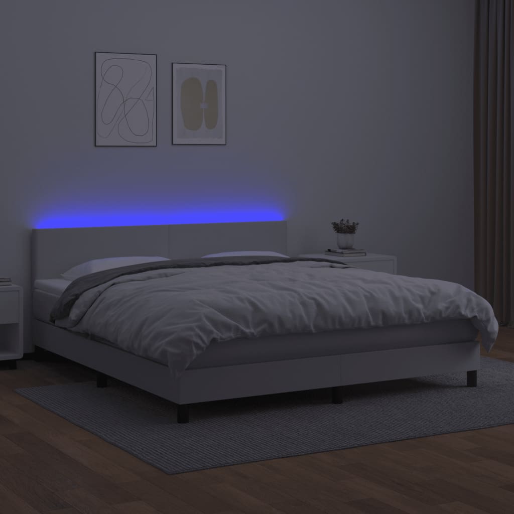 vidaXL Cama box spring colchón y LED cuero sintético blanco 180x200 cm