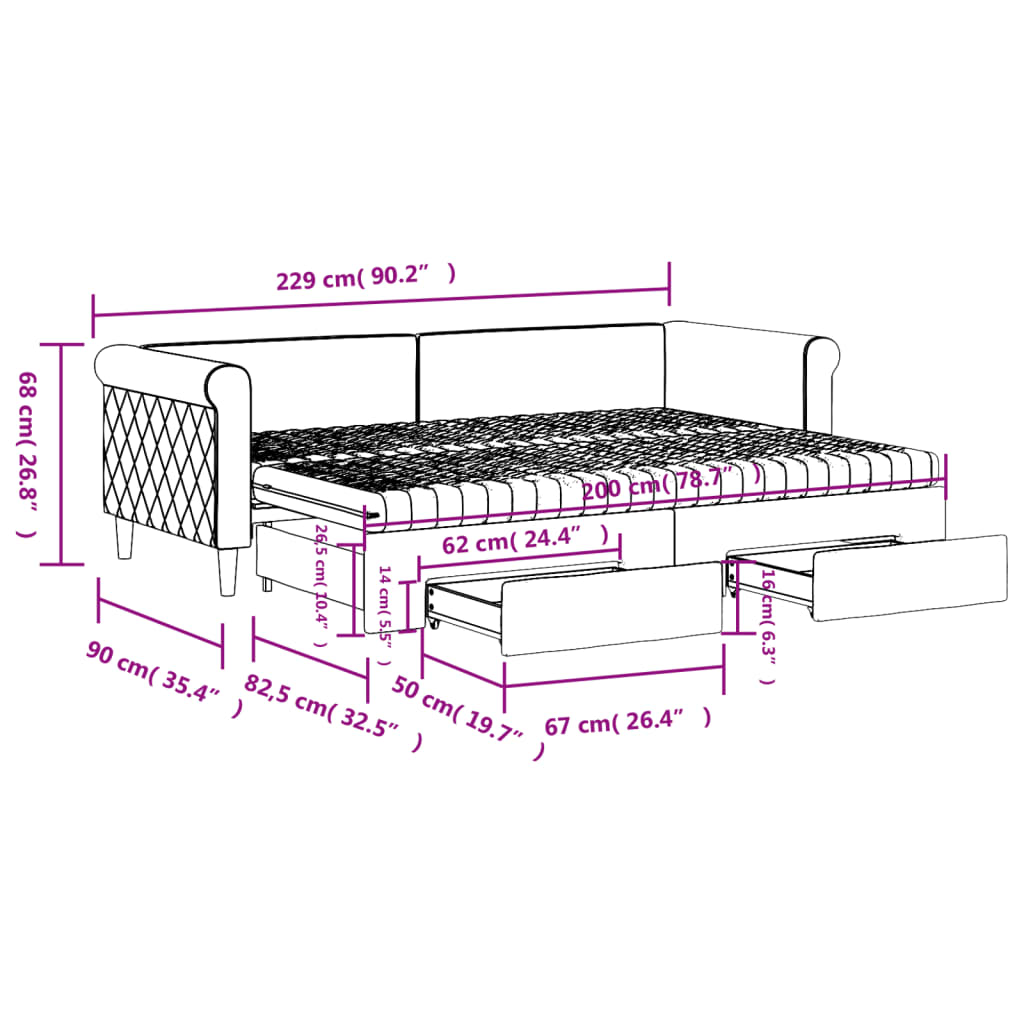 vidaXL Sofá cama nido con cajones terciopelo negro 80x200 cm