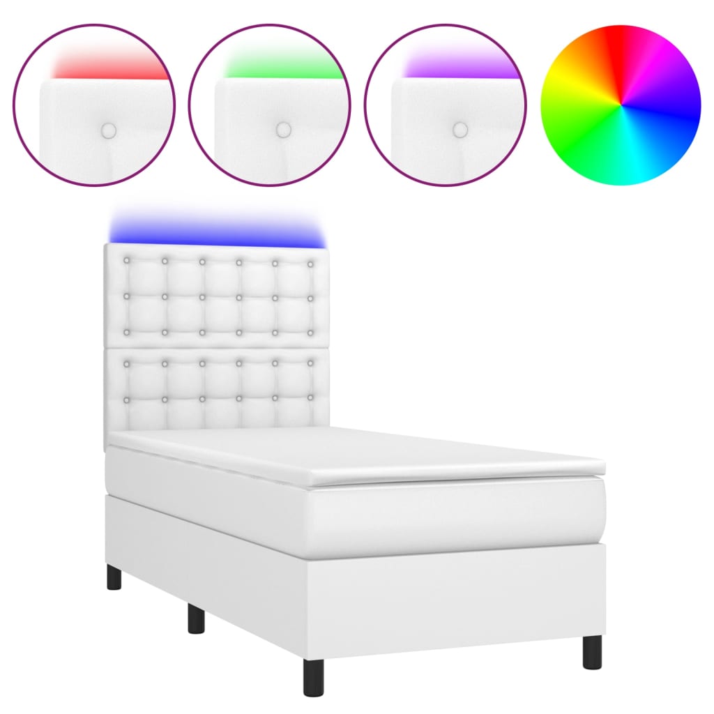 vidaXL Cama box spring y colchón LED cuero sintético blanco 90x200 cm