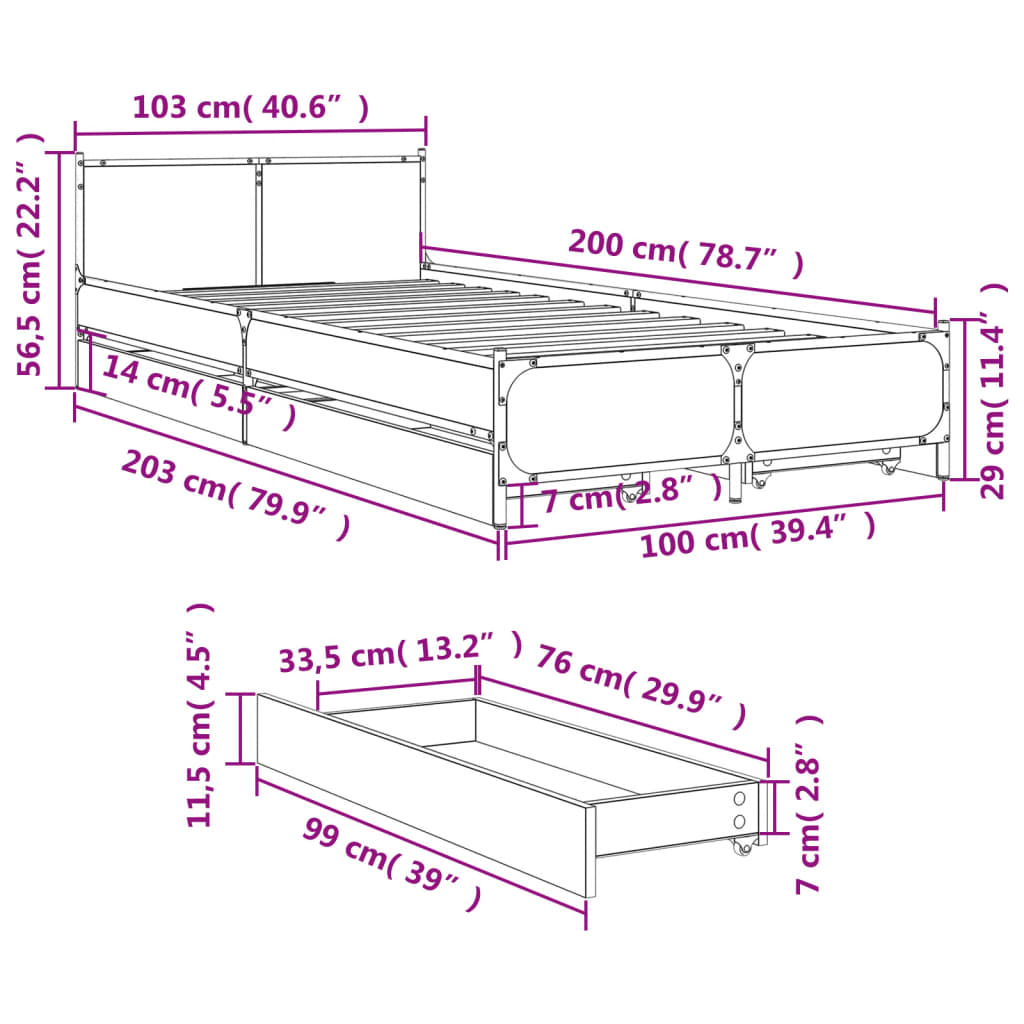 vidaXL Cama con cajones madera de ingeniería marrón roble 100x200 cm