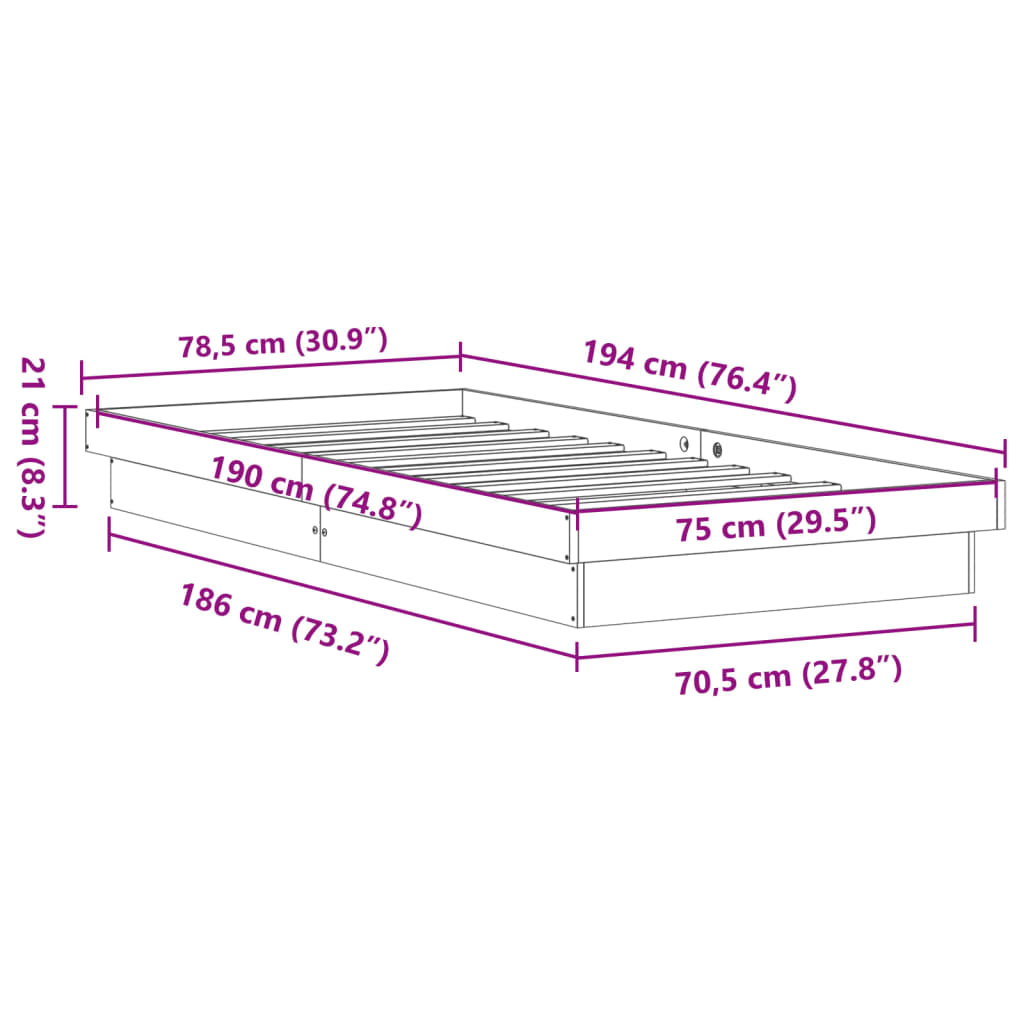 vidaXL Estructura de cama LED madera maciza pino marrón cera 75x190 cm