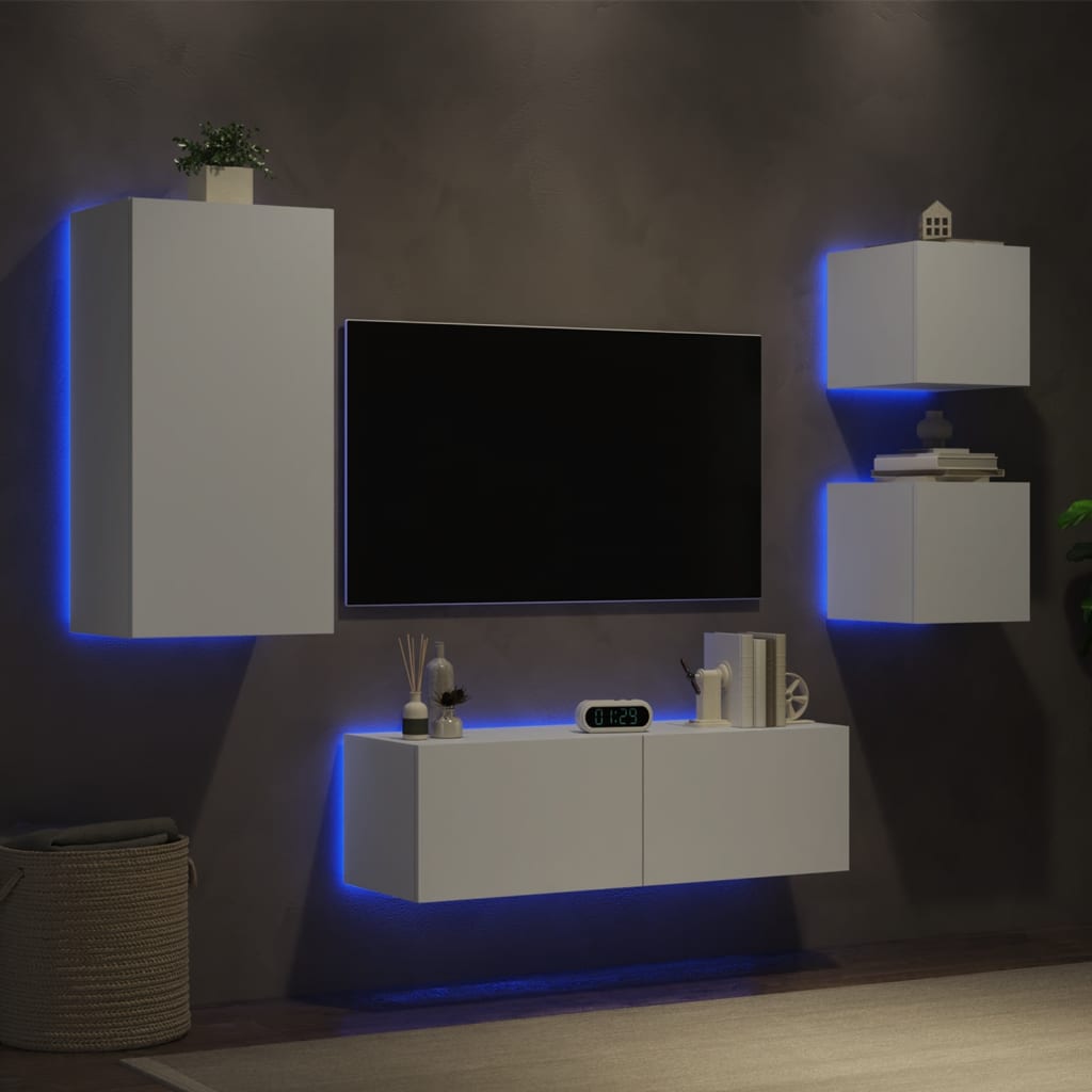 vidaXL Muebles de TV de pared con luces LED 4 piezas blanco