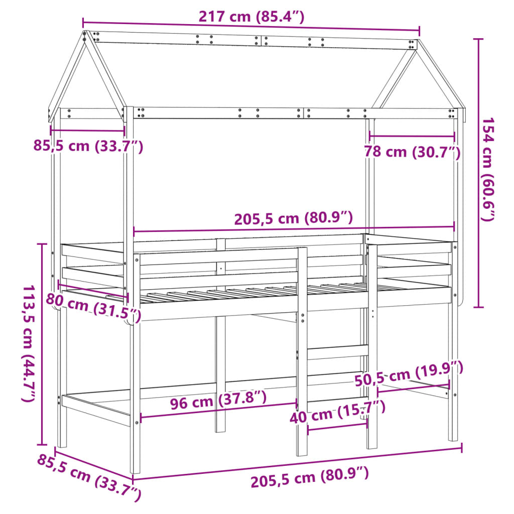 vidaXL Cama alta escalera y techo madera maciza pino blanca 80x200 cm