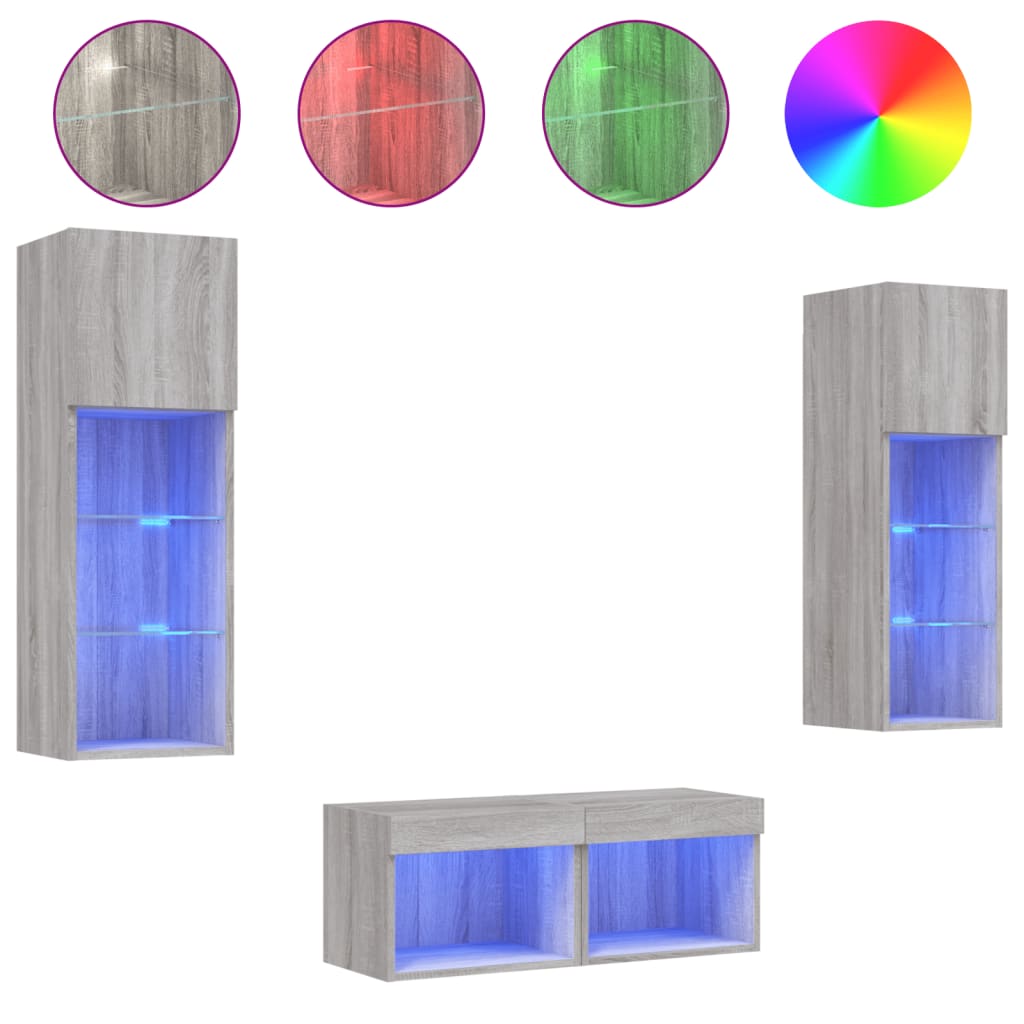 vidaXL Muebles de TV de pared con luces LED 4 piezas gris Sonoma