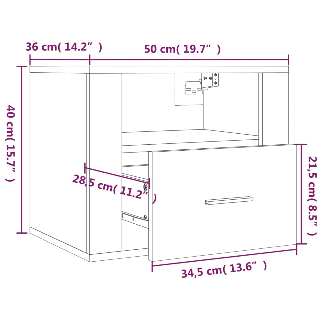 vidaXL Mesita de noche de pared roble Sonoma 50x36x40 cm