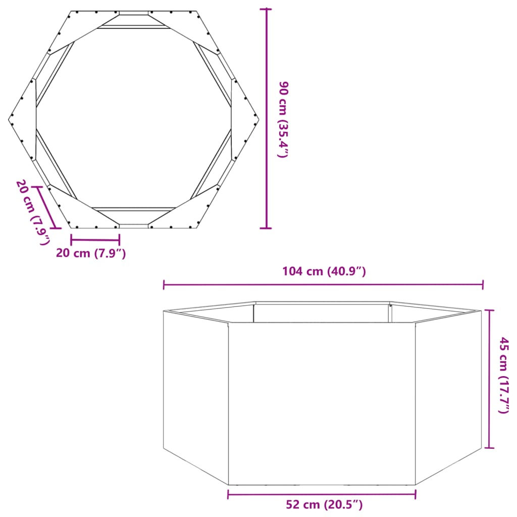 vidaXL Jardinera hexagonal acero negra 104x90x45 cm