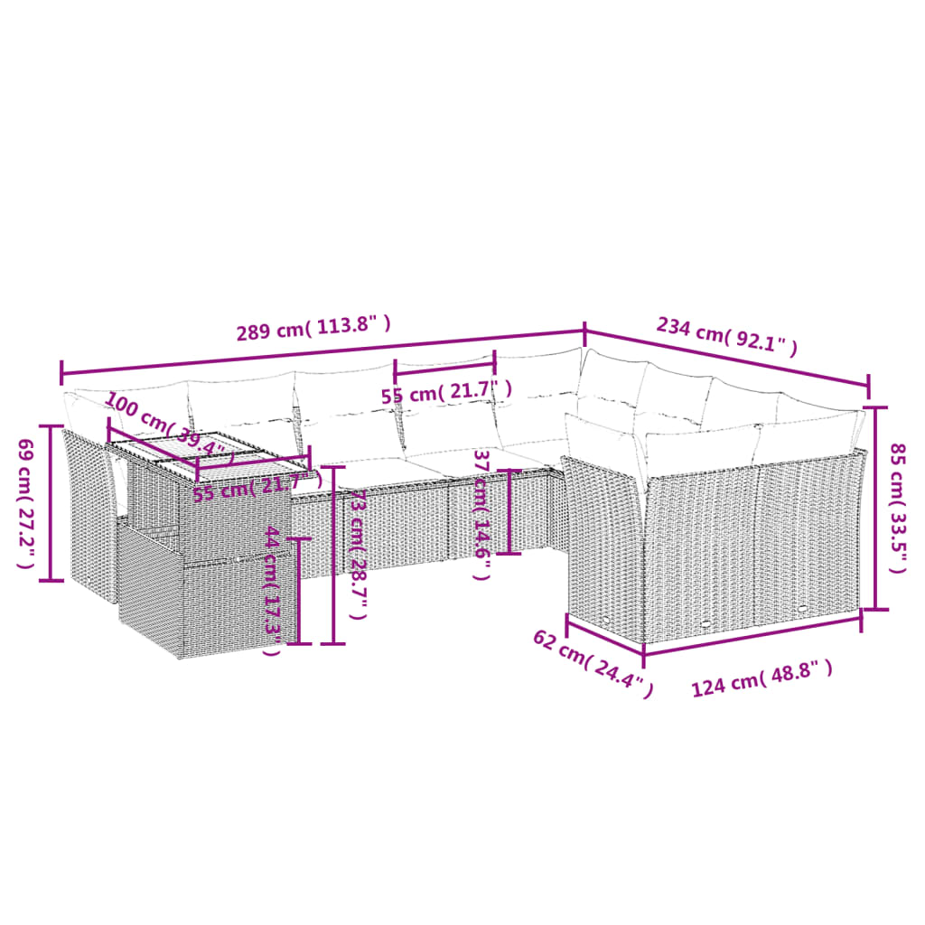 vidaXL Set de sofás de jardín 10 pzas cojines ratán sintético negro