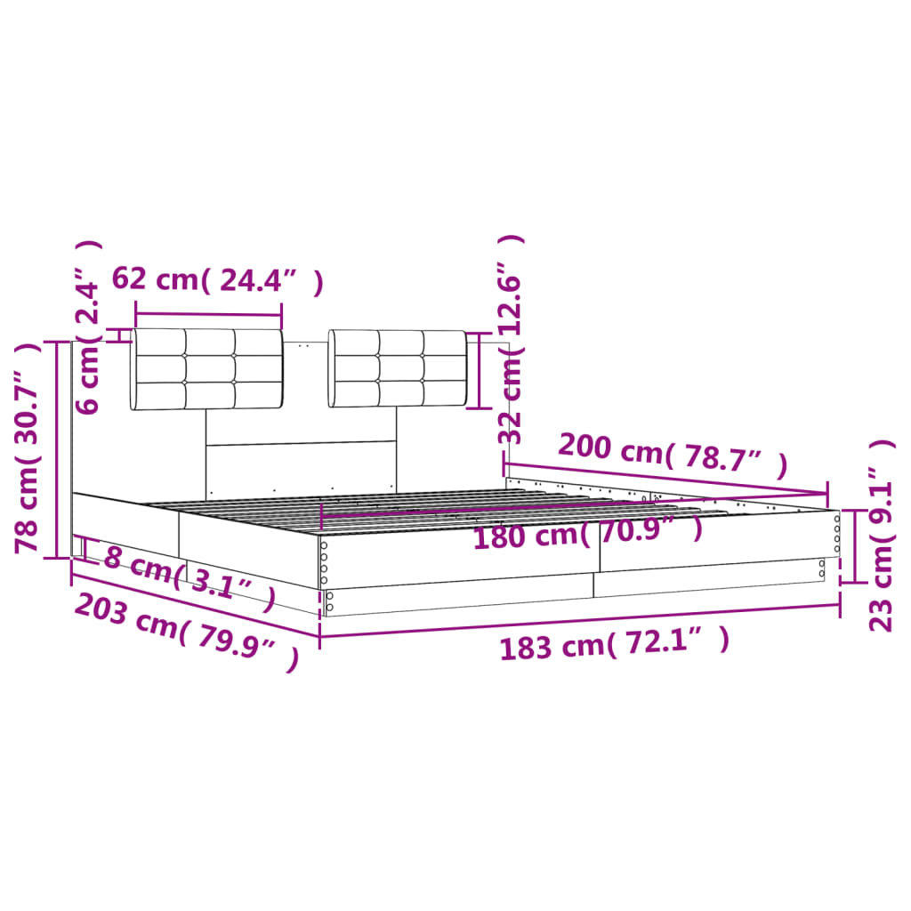 vidaXL Estructura de cama cabecero luces LED roble Sonoma 180x200 cm