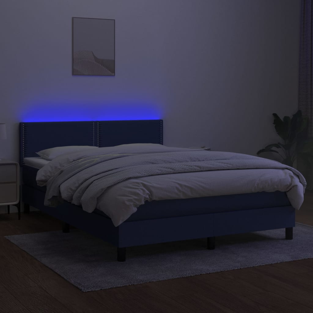 vidaXL Cama box spring colchón y luces LED tela azul 140x190 cm