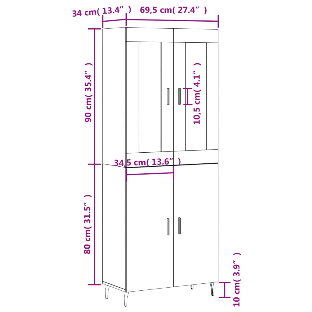 vidaXL Aparador alto madera contrachapada negro 69,5x34x180 cm