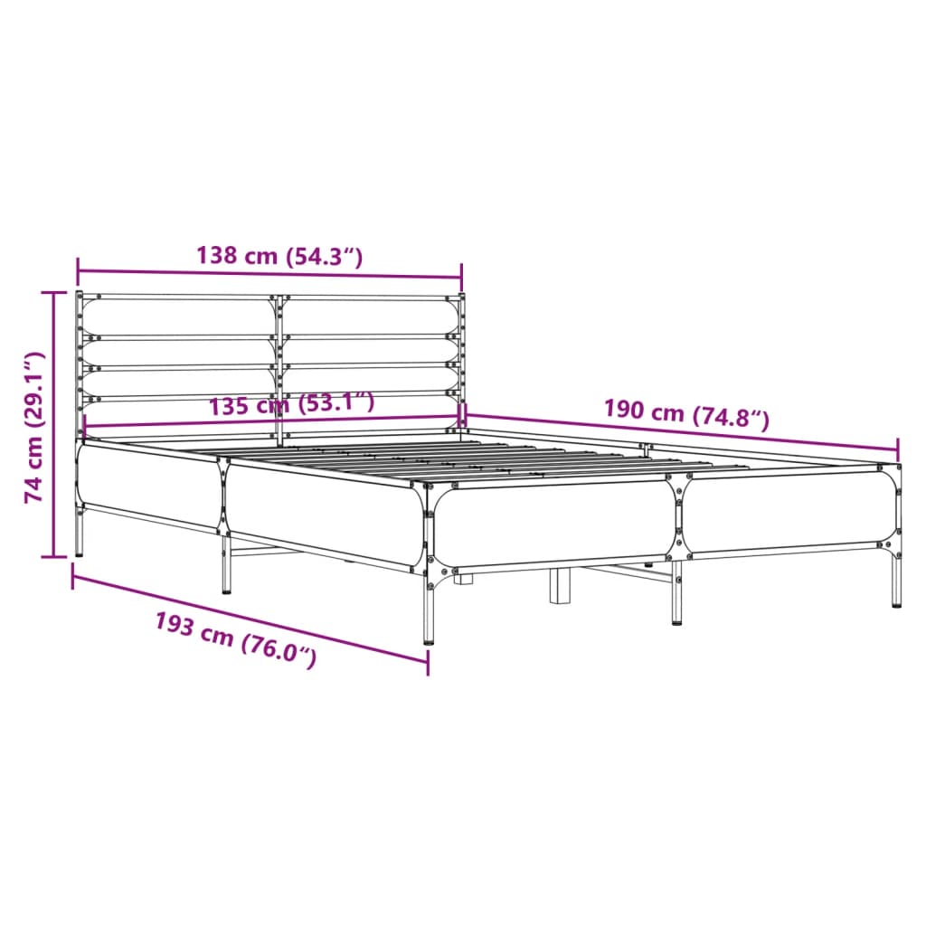 vidaXL Estructura cama madera ingeniería metal roble Sonoma 135x190 cm