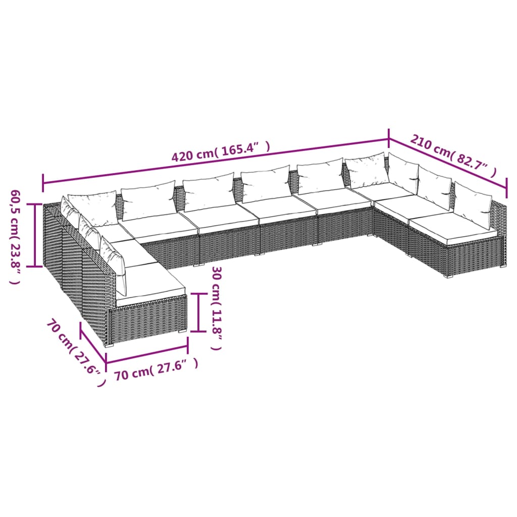 vidaXL Set de muebles de jardín 10 pzas cojines ratán sintético negro