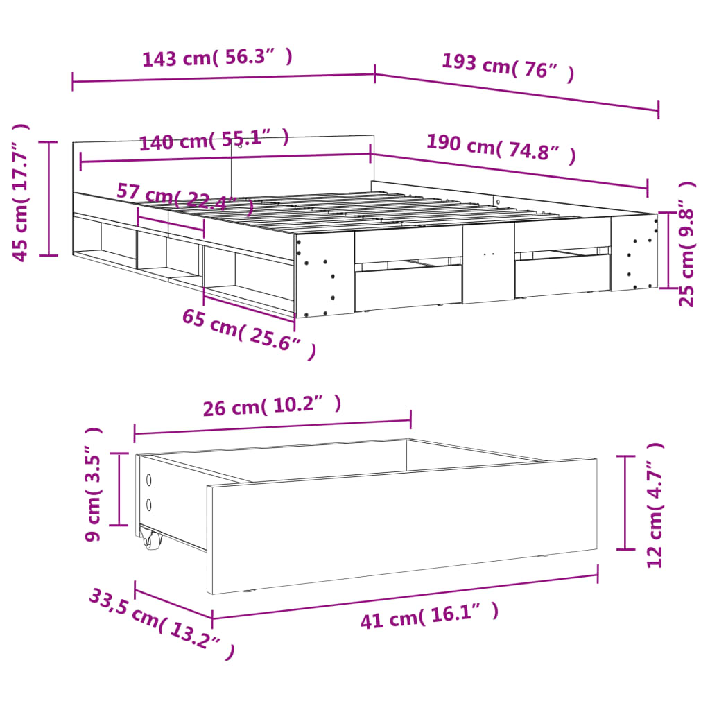 vidaXL Cama con cajones madera ingeniería roble Sonoma 140x190 cm