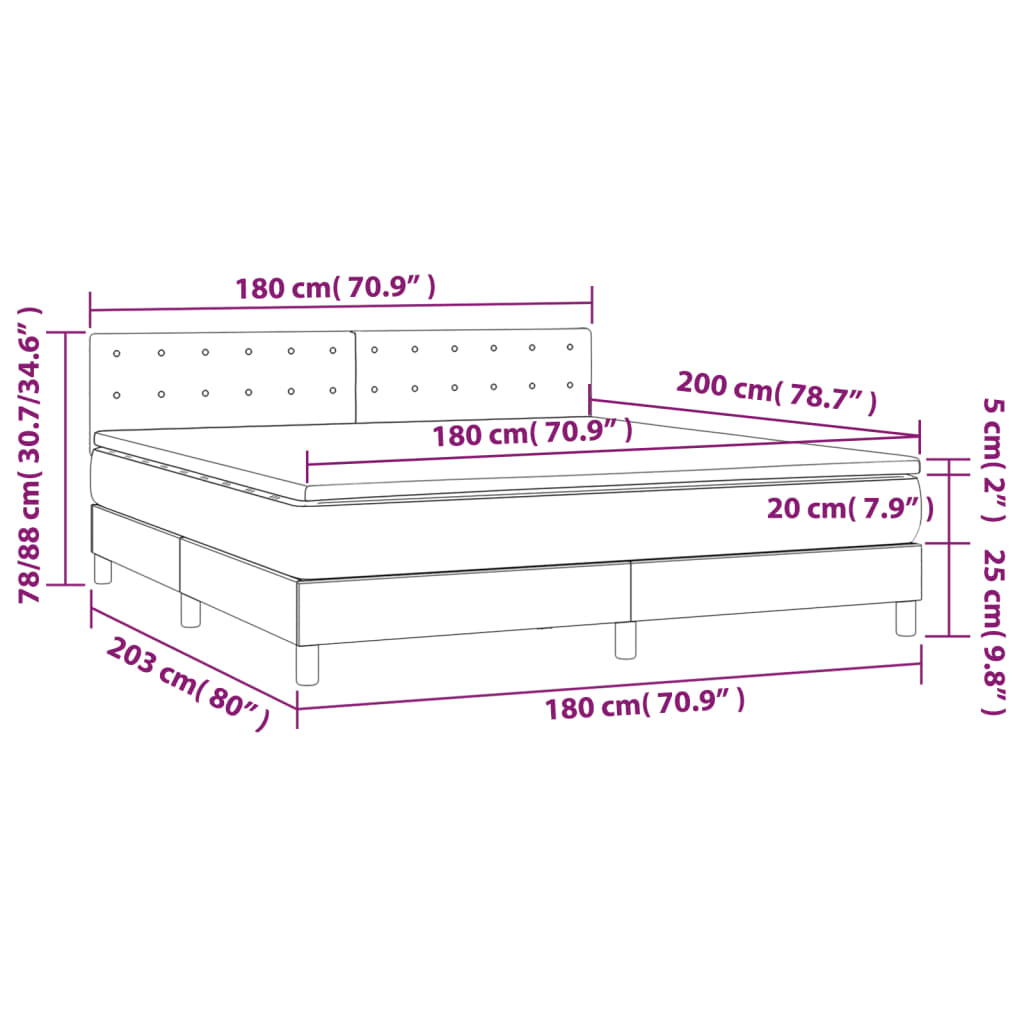 vidaXL Cama box spring colchón y LED terciopelo gris oscuro 180x200 cm