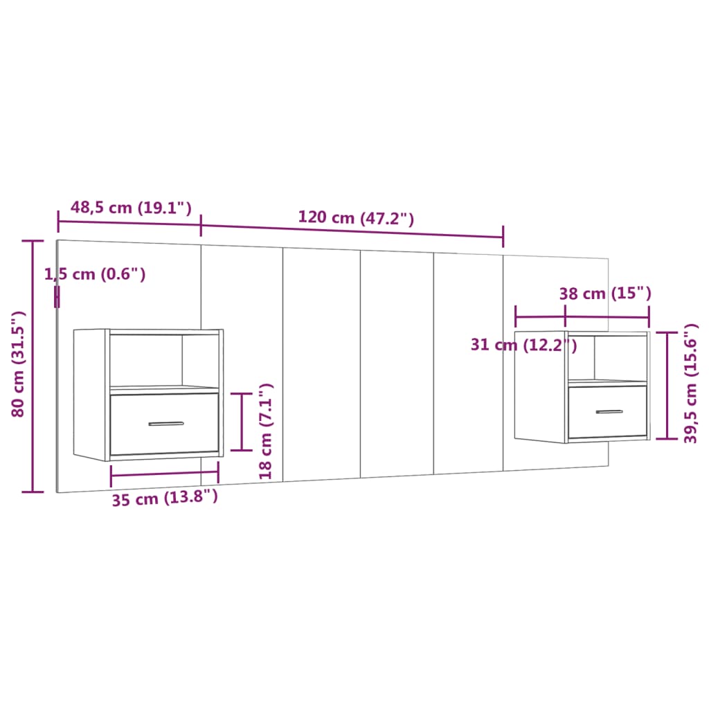 vidaXL Cabecero de cama con mesitas madera contrachapada negro