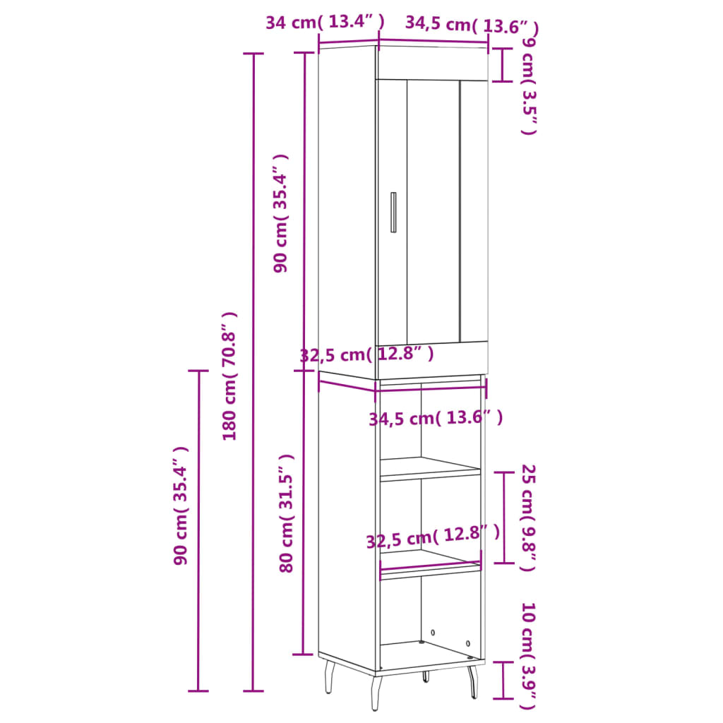 vidaXL Aparador alto madera contrachapada blanco brillo 34,5x34x180 cm