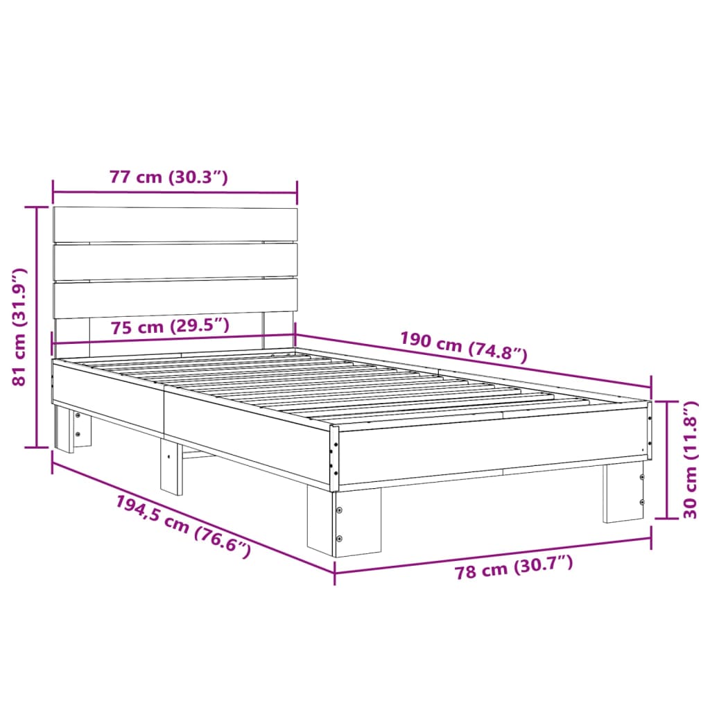 vidaXL Estructura cama madera ingeniería metal roble marrón 75x190 cm