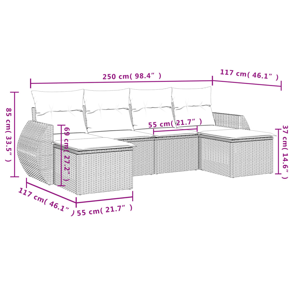 vidaXL Set de muebles de jardín 6 pzas y cojines ratán sintético gris