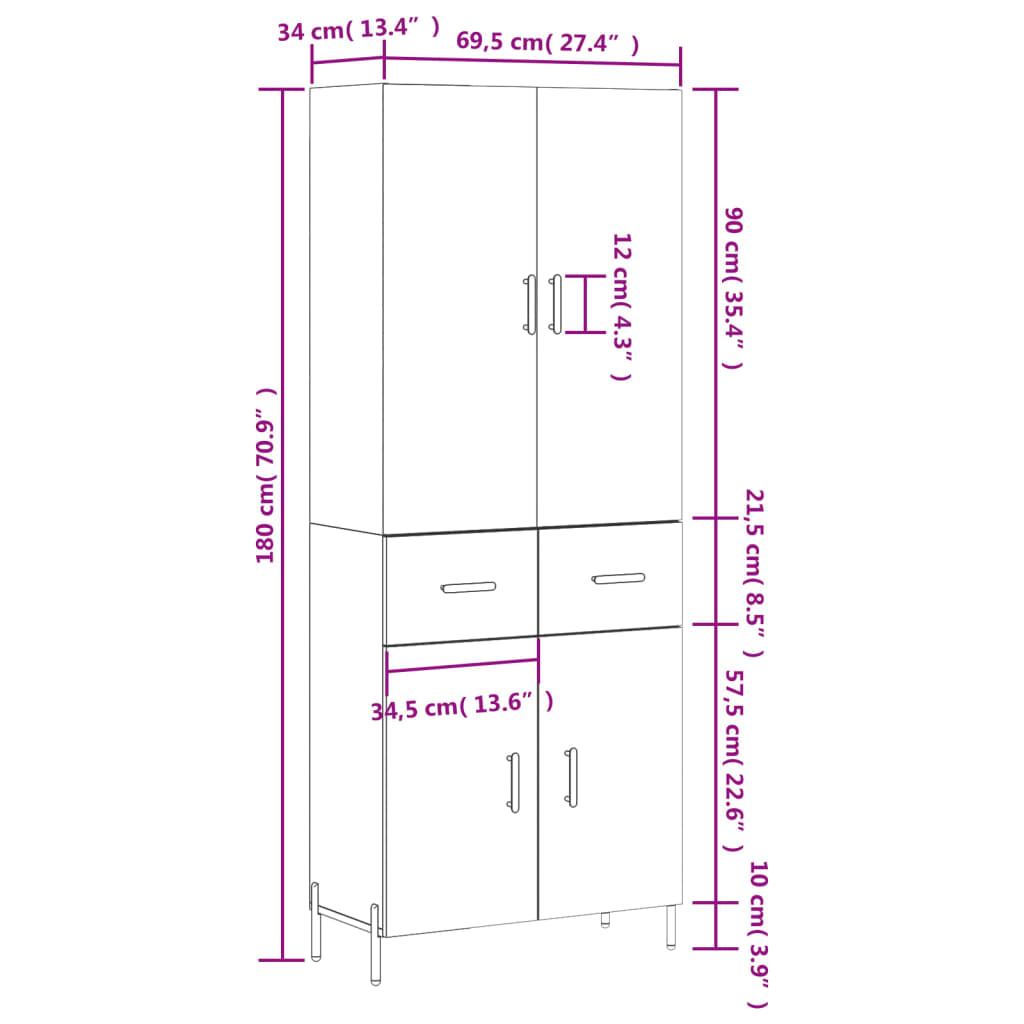 vidaXL Aparador alto madera contrachapada gris sonoma 69,5x34x180 cm