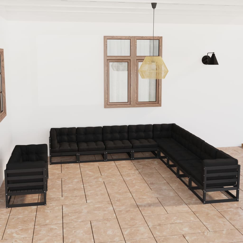 vidaXL Set de muebles de jardín 11 pzas con cojines madera pino negro