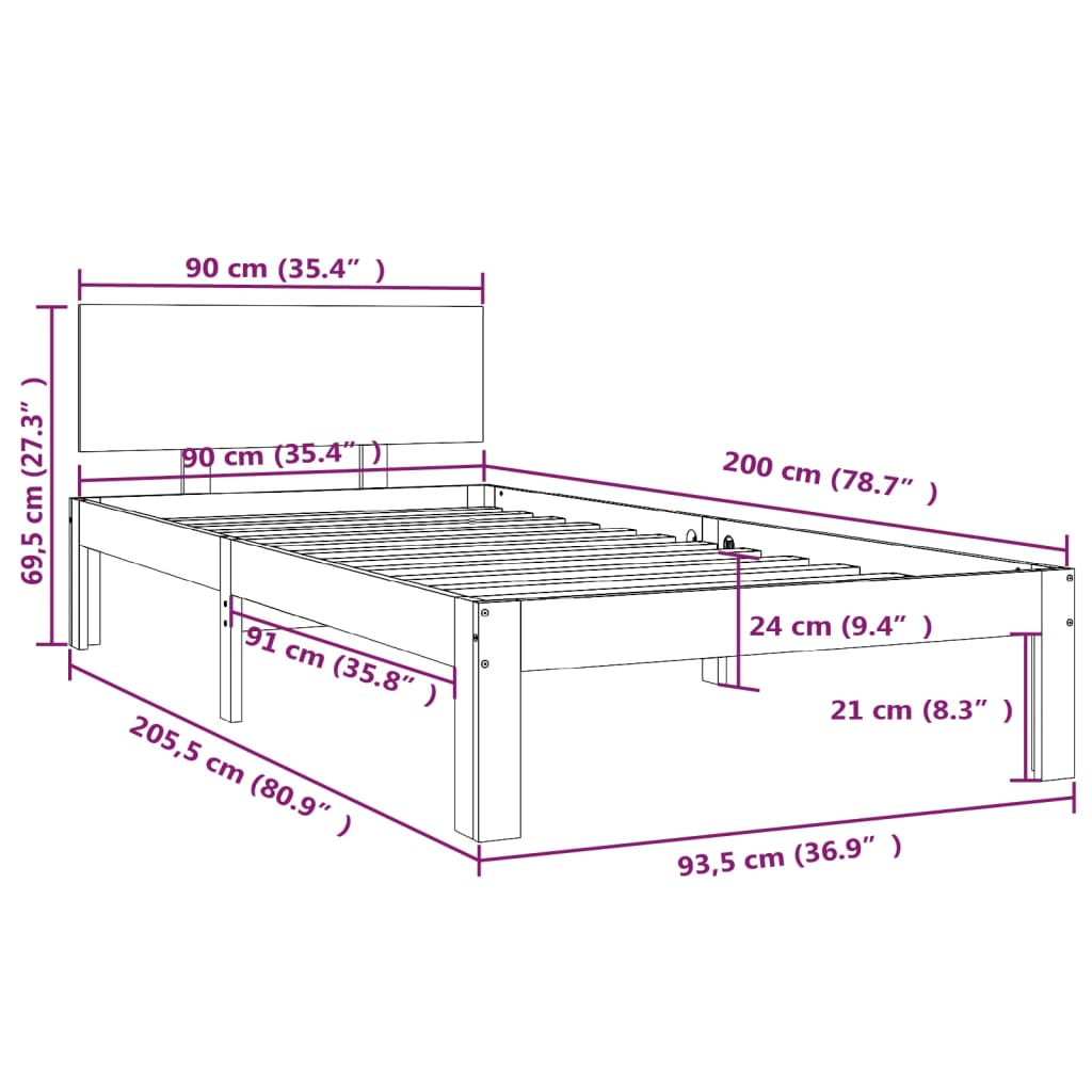 vidaXL Estructura de cama sin colchón madera maciza de pino 90x200 cm