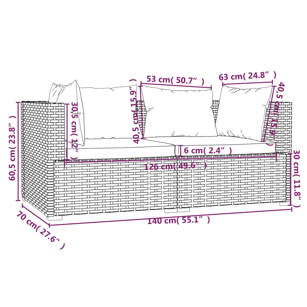 vidaXL Set muebles de jardín 3 piezas y cojines ratán sintético marrón