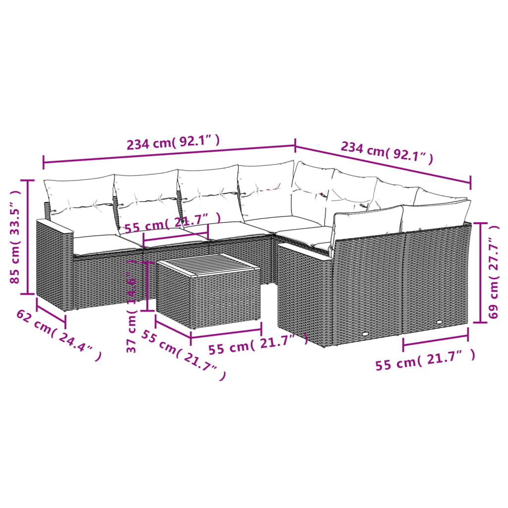 vidaXL Set de muebles de jardín 9 pzas y cojines ratán sintético gris