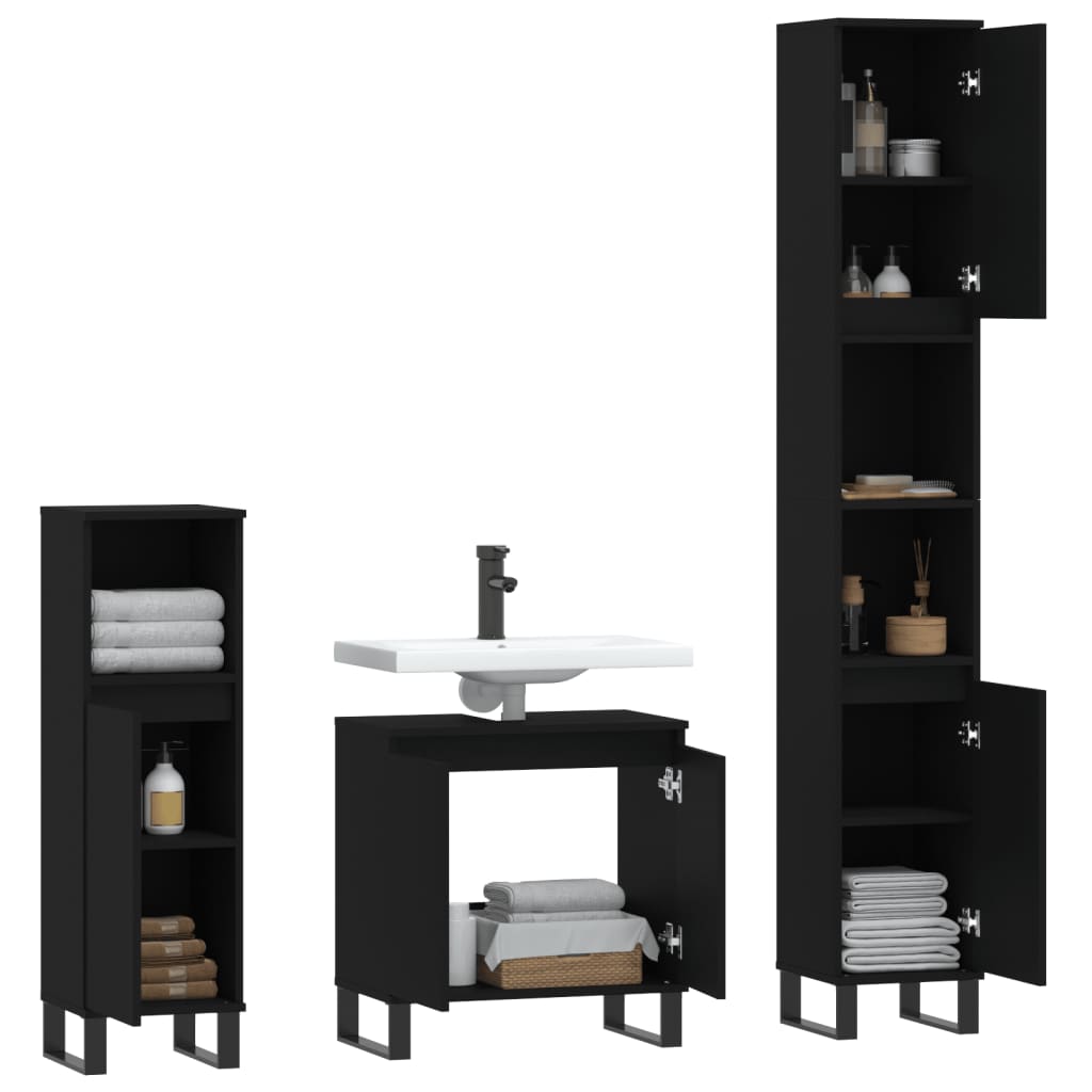 vidaXL Juego de muebles de baño 3 pzas madera contrachapada negro