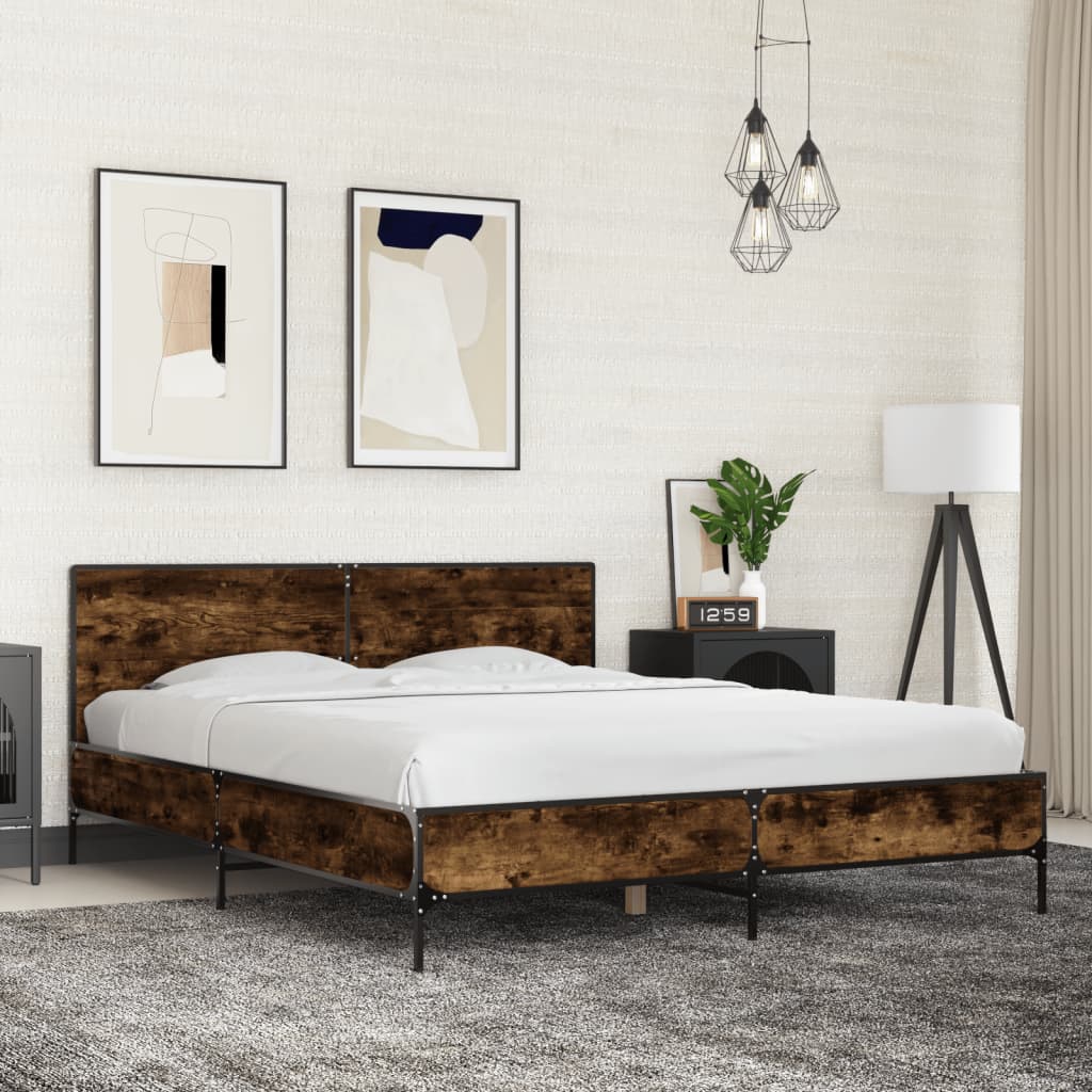 vidaXL Estructura cama madera ingeniería metal roble ahumado 150x200cm